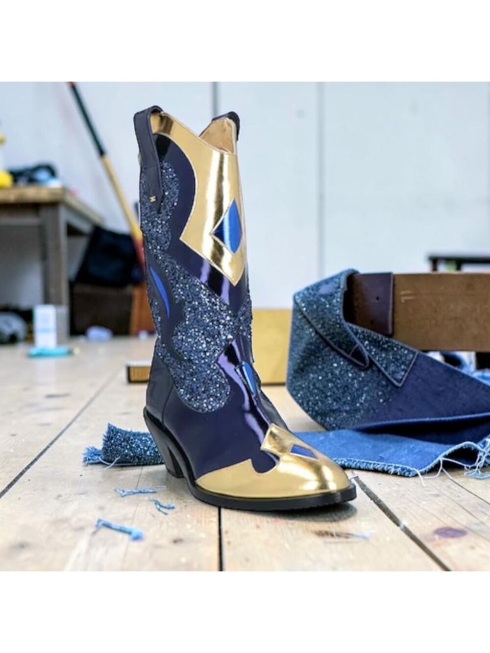 Elisabetta Franchi Cowboy Ankle Boots Women's US 7 Blue Gold Leather Glitter NIB
